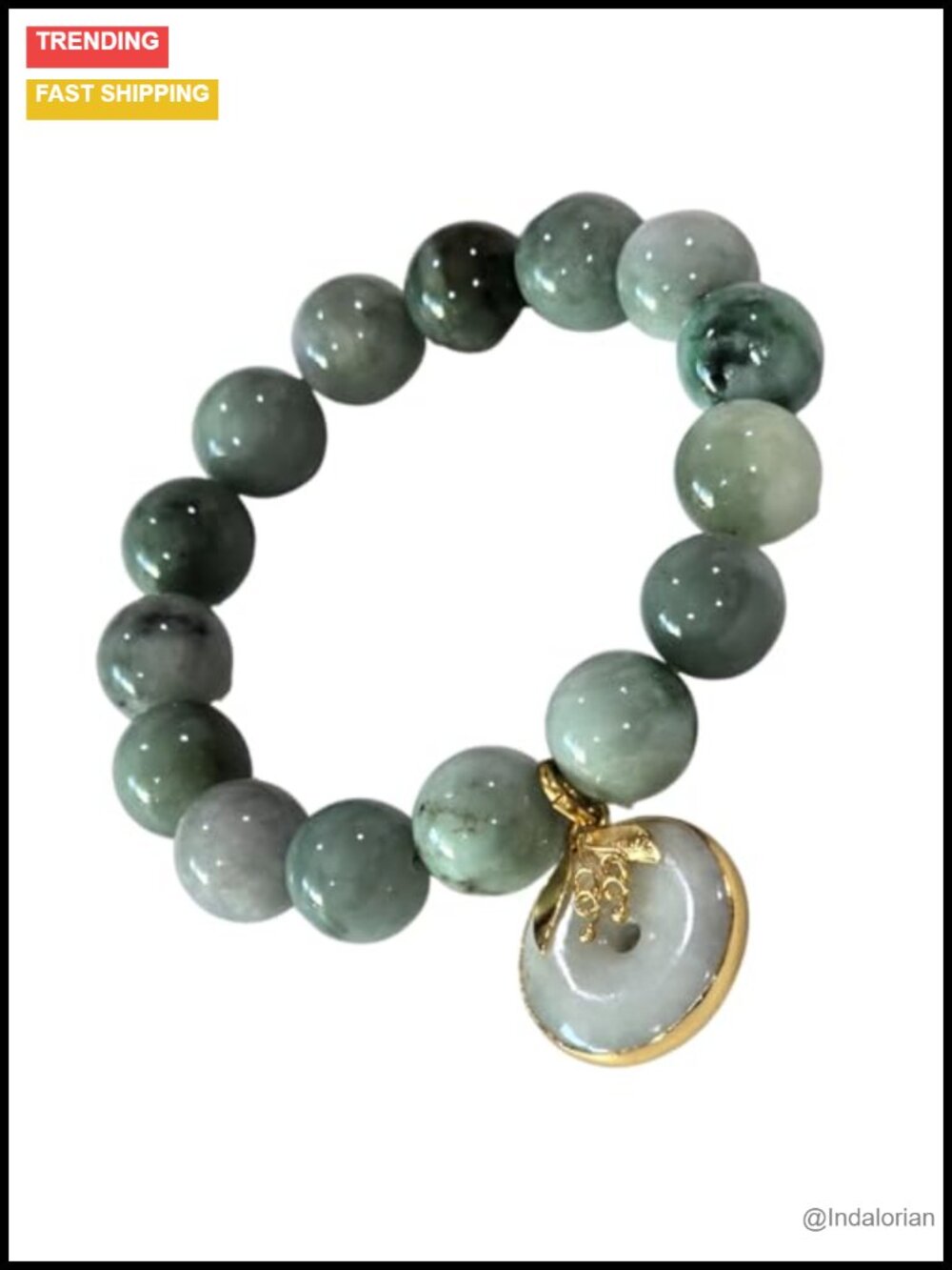 Natural Jadeite Bangle Bracelet with Gold-Plated Charm, Adjustable Stretch,